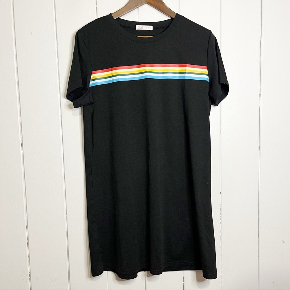 ROMWE Black and Rainbow Striped T-Shirt Dress. Size Large.